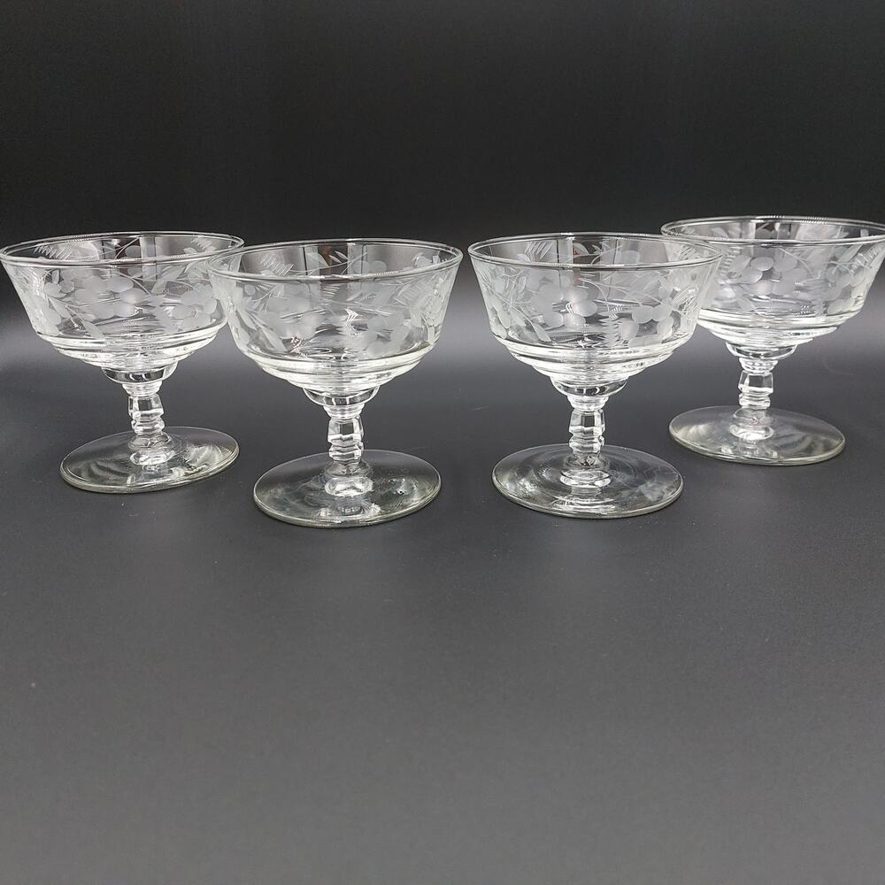 Libbey Rock Sharpe Halifax Etched Champagne/Low Sherbet 1940/1950 Set of 4